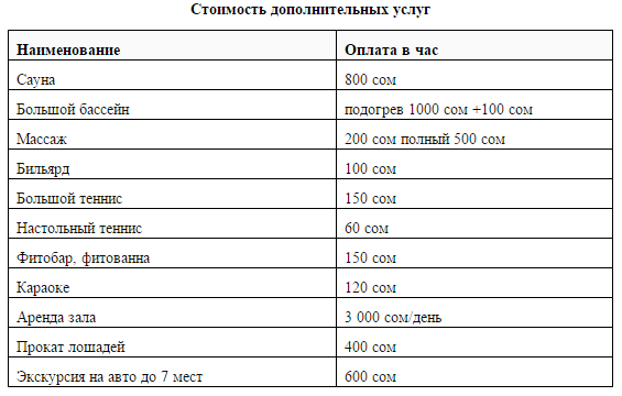 Стоимость дополнительных услуг на базе Ак-Таш Стоимость дополнительных услуг на базе Ак-Таш