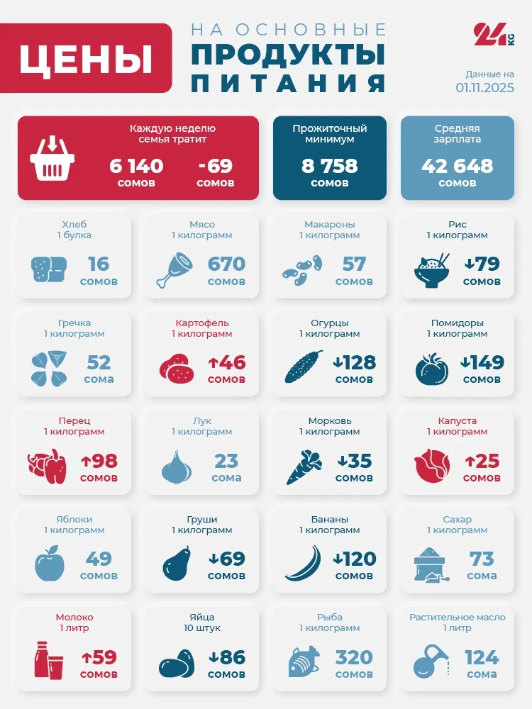 Продуктовая корзина Бишкека на 1 ноября. Как изменились цены за неделю